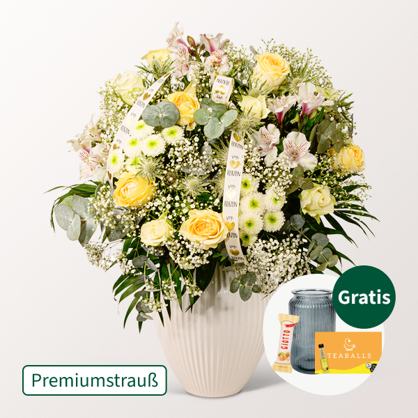 Premiumstrauß Ballade mit Premiumvase & Ferrero Giotto 3er & Teaballs