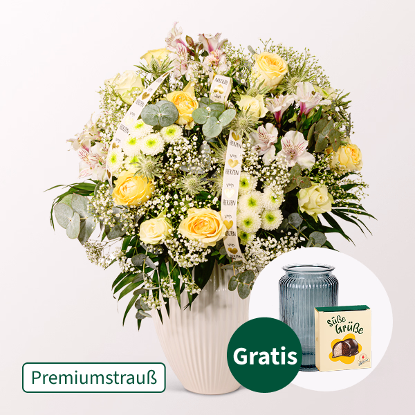Premiumstrauß Ballade mit Premiumvase & Halloren Kugeln