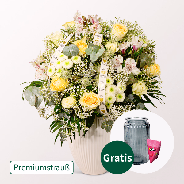 Premiumstrauß Ballade mit Premiumvase & SunLolly Himbeere