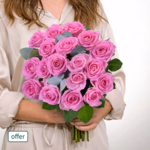 18 pink roses with eucalyptus
