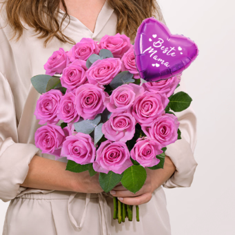 18 pink roses with eucalyptus