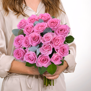 18 pink roses with eucalyptus