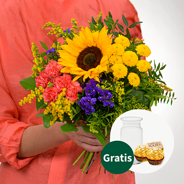 Blumenstrauß Sonnengrüße mit Vase & 2 Ferrero Rocher