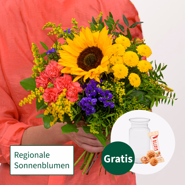 Blumenstrauß Sonnengrüße mit Vase & Ferrero Giotto