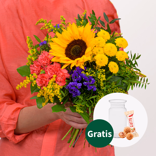 Blumenstrauß Sonnengrüße mit Vase & Ferrero Giotto