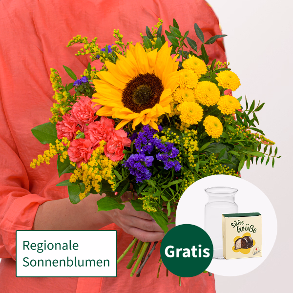 Blumenstrauß Sonnengrüße mit Halloren Kugeln & Vase