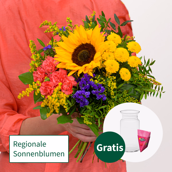 Blumenstrauß Sonnengrüße mit SunLolly Himbeere & Vase