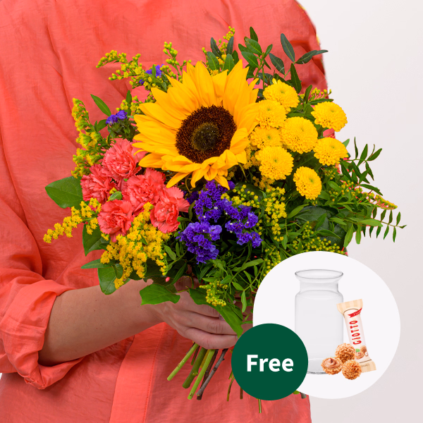 Flower Bouquet Sonnengrüße with vase & Ferrero Giotto