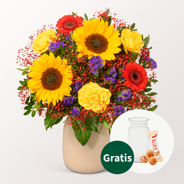 Blumenstrauß Sommerlichter mit Vase & Ferrero Giotto 3er