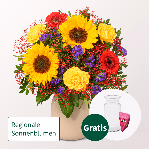 Blumenstrauß Sommerlichter mit SunLolly Himbeere & Vase