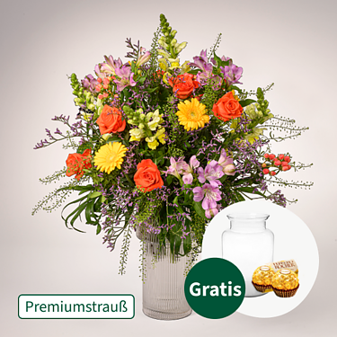 Premiumstrauß Sommergarten mit Premiumvase & 2 Ferrero Rocher