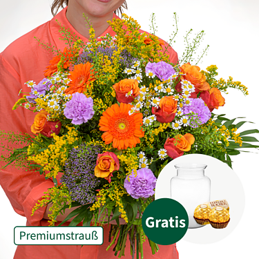 Premiumstrauß Blütenwiese mit Premiumvase & 2 Ferrero Rocher