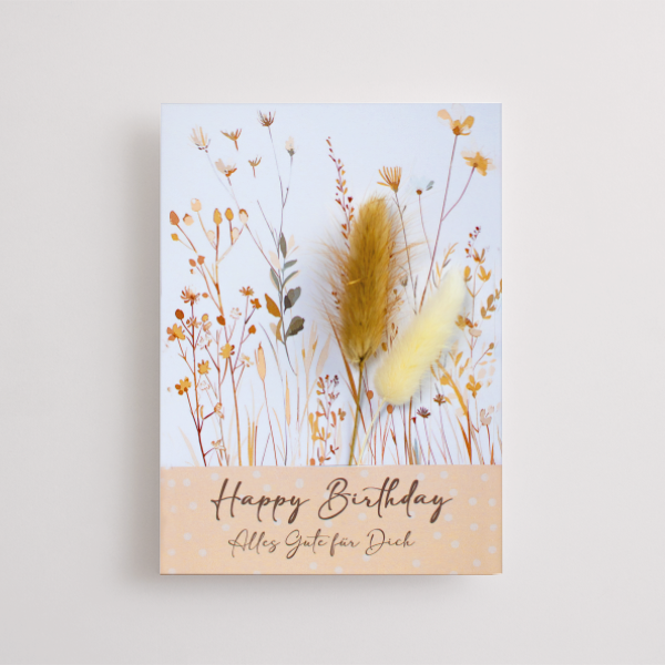 Motivkarte mit Trockenblumen „Happy Birthday“