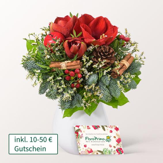 Blumenstrauß Winterstimmung mit Gutschein sowie mit Vase & Ferrero Giotto 3er