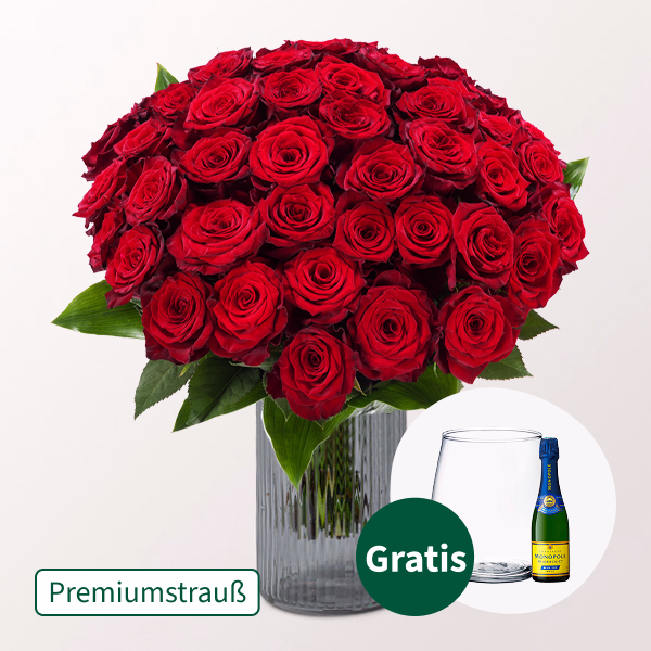 Premiumstrauß Paris mit Champagner & Premiumvase