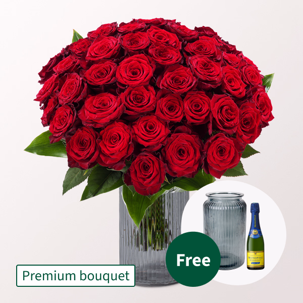 Premium Bouquet Paris with Premium Vase & Champagner