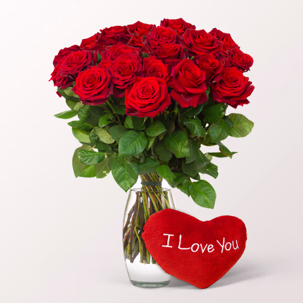20 Red Valentine's Day Roses in a Bunch with vase & Plush Heart