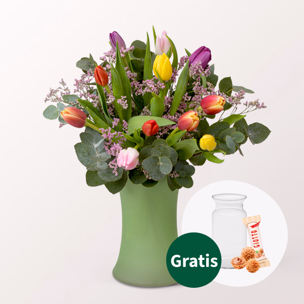 Blumenstrauß Tulpenwiese mit Vase & Ferrero Giotto