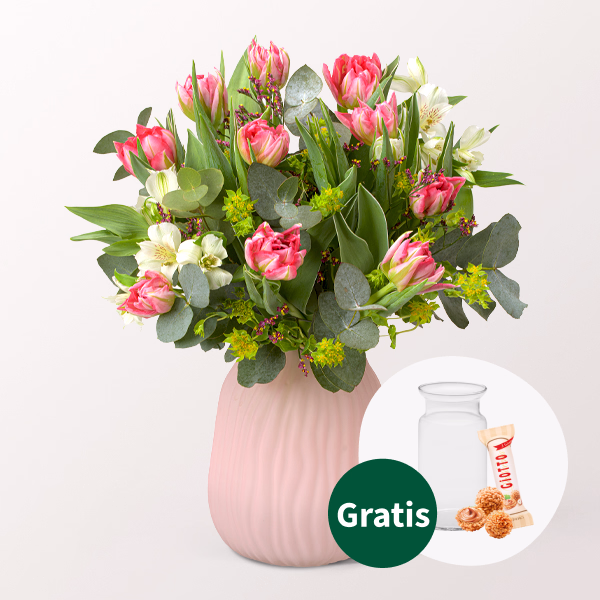 Blumenstrauß Tulpenfest mit Vase & Ferrero Giotto