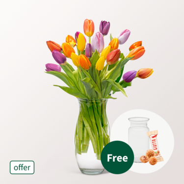 20 Mixed Tulips in a Bunch with vase & 3 Ferrero Giotto