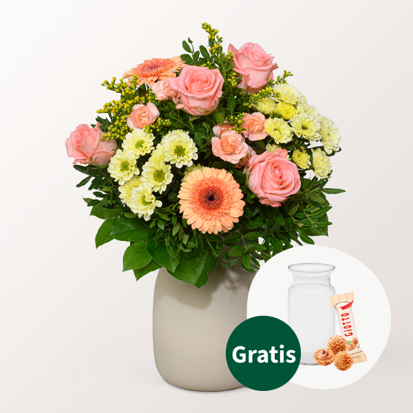 Blumenstrauß Zarte Grüße mit Vase & Ferrero Giotto 3er