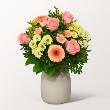 Blumenstrauß Zarte Grüße mit Vase & Ferrero Giotto 3er