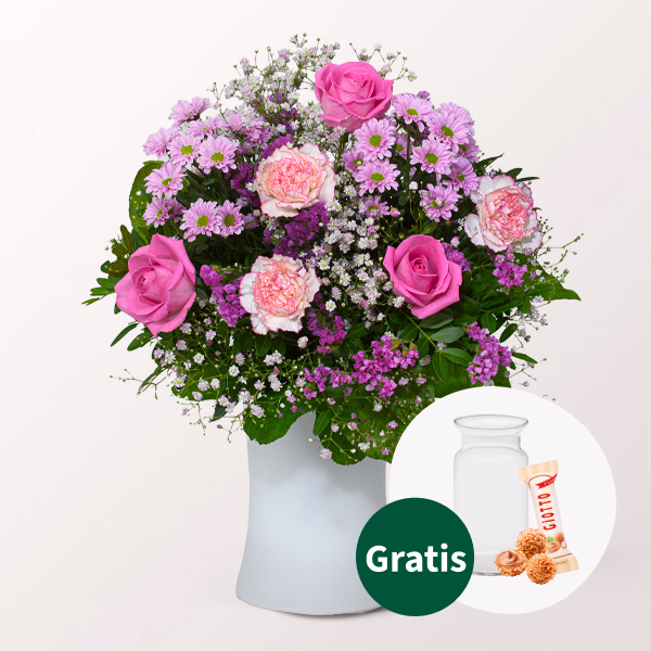 Blumenstrauß Pures Glück mit Vase & Ferrero Giotto