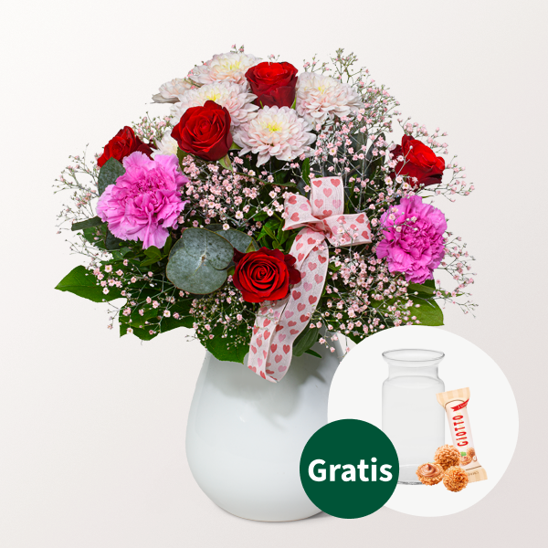 Blumenstrauß Blütenromanze mit Vase & Ferrero Giotto 3er