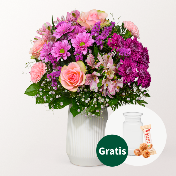 Blumenstrauß Muttertagszauber mit Vase & Ferrero Giotto 3er
