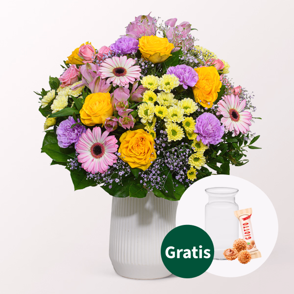Blumenstrauß Joy mit Vase & Ferrero Giotto