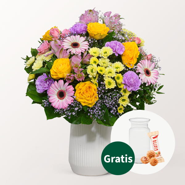 Blumenstrauß Joy mit Vase & Ferrero Giotto 3er