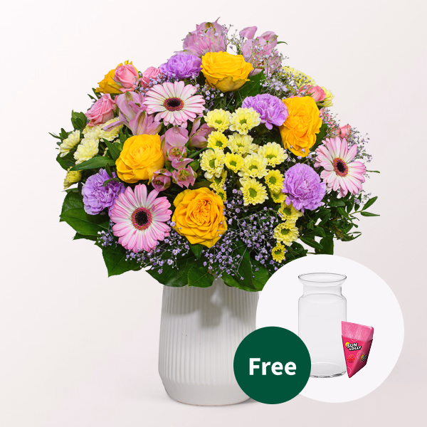 Flower Bouquet Joy with SunLolly Raspberry & vase
