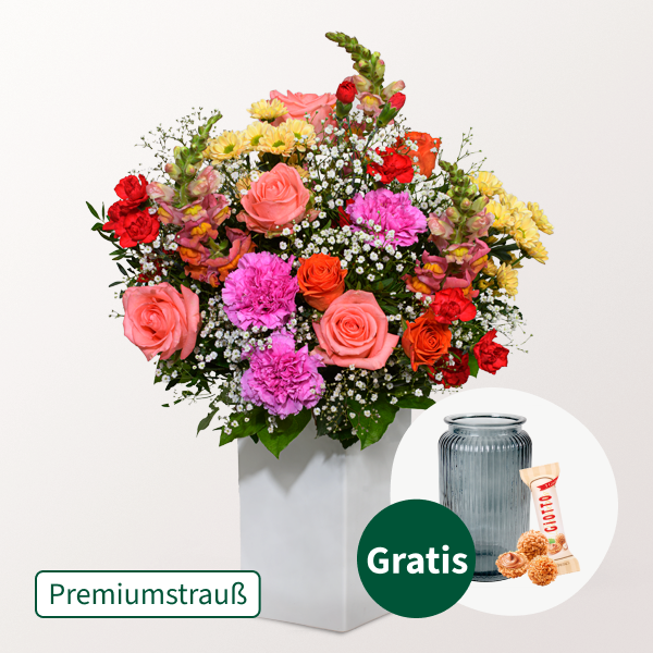 Premiumstrauß Die Beste mit Premiumvase & Ferrero Giotto 3er