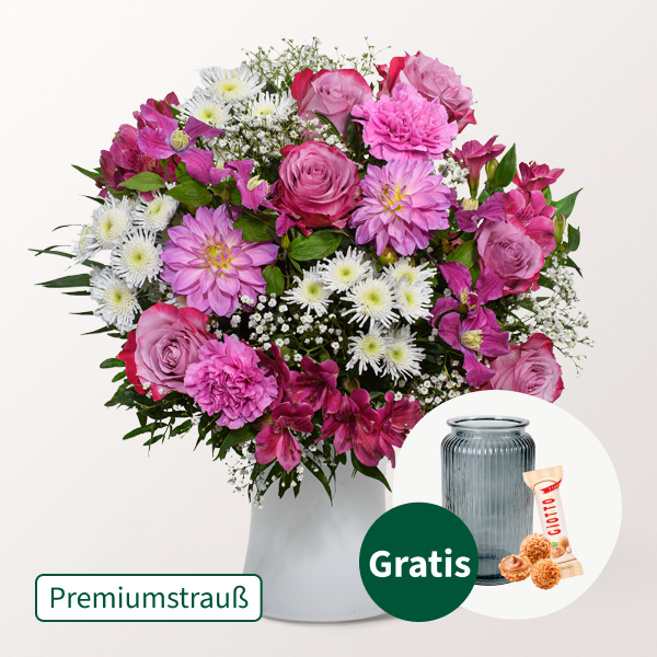 Premiumstrauß Schön, dass es dich gibt mit Premiumvase & Ferrero Giotto 3er