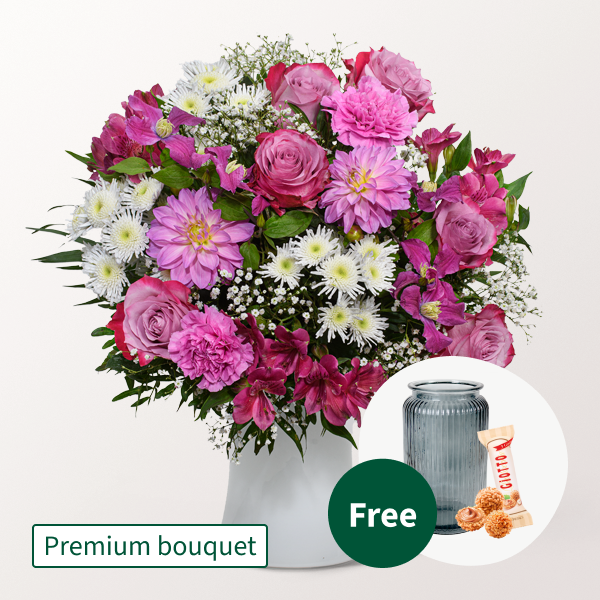 Premium Bouquet Schön, dass es dich gibt with Premium Vase & 3 Ferrero Giotto