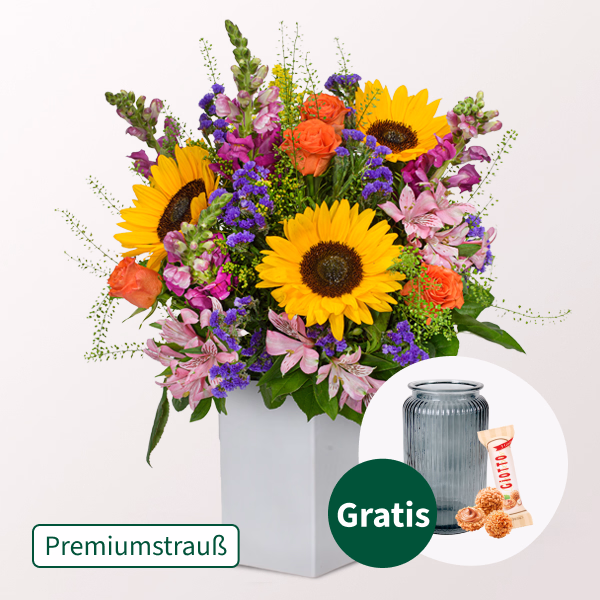 Premiumstrauß Große Freude mit Premiumvase & Ferrero Giotto 3er