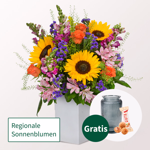 Premiumstrauß Große Freude mit Premiumvase & Ferrero Giotto 3er
