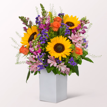 Premiumstrauß Große Freude mit Premiumvase & SunLolly Himbeere