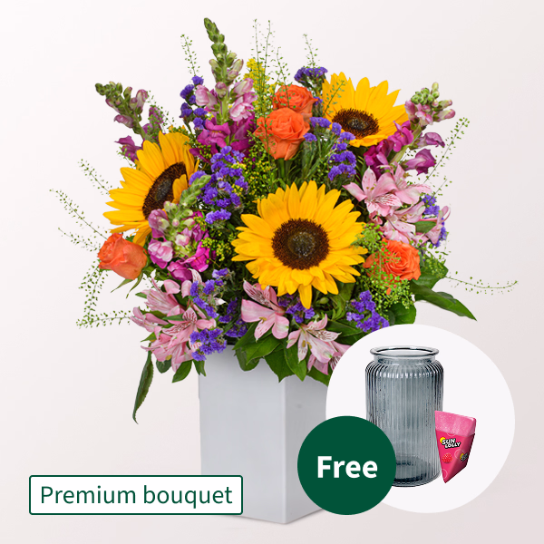 Premium Bouquet Große Freude with Premium Vase & SunLolly Raspberry