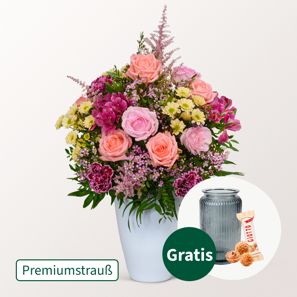 Premiumstrauß Du bist die Beste mit Premiumvase & Ferrero Giotto 3er
