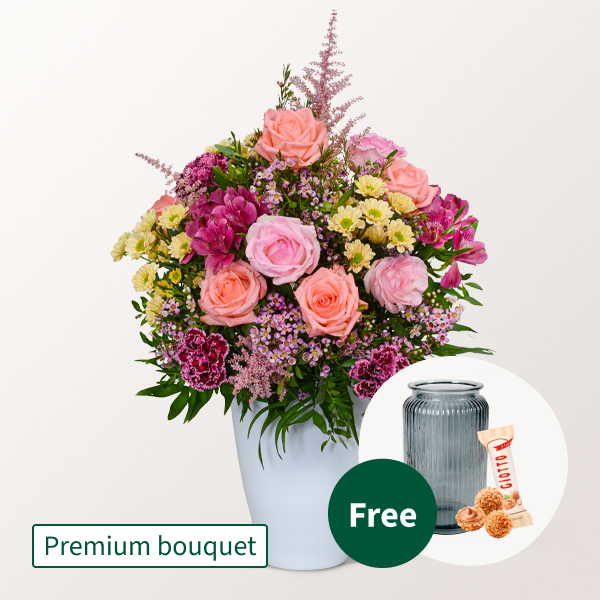 Premium Bouquet Du bist die Beste with Premium Vase & 3 Ferrero Giotto