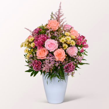 Premium Bouquet Du bist die Beste with Premium Vase & 3 Ferrero Giotto