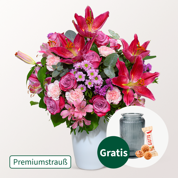 Premiumstrauß Mama mit Premiumvase & Ferrero Giotto 3er