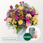Premiumstrauß Blütenkuss mit Premiumvase & Ferrero Giotto 3er