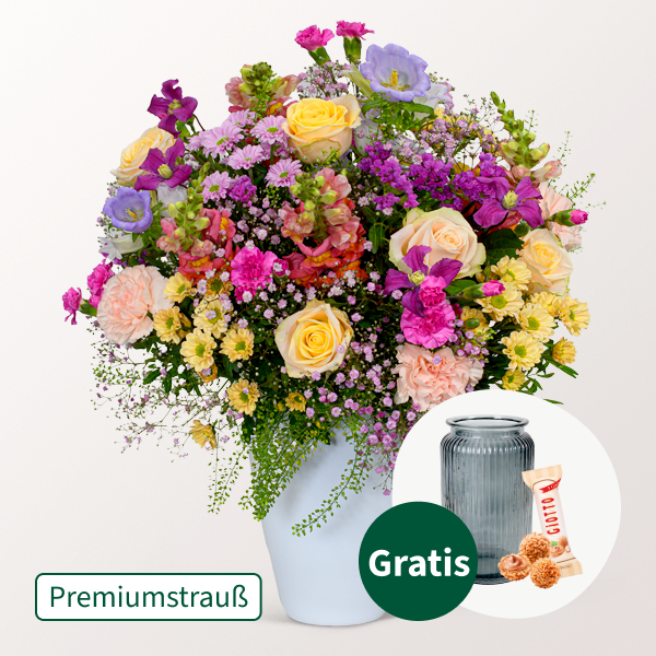Premiumstrauß Blütenkuss mit Premiumvase & Ferrero Giotto 3er