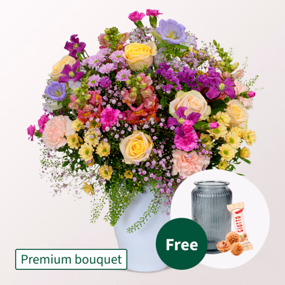 Premium Bouquet Märchengarten mit Premium Vase & 3 Ferrero Giotto