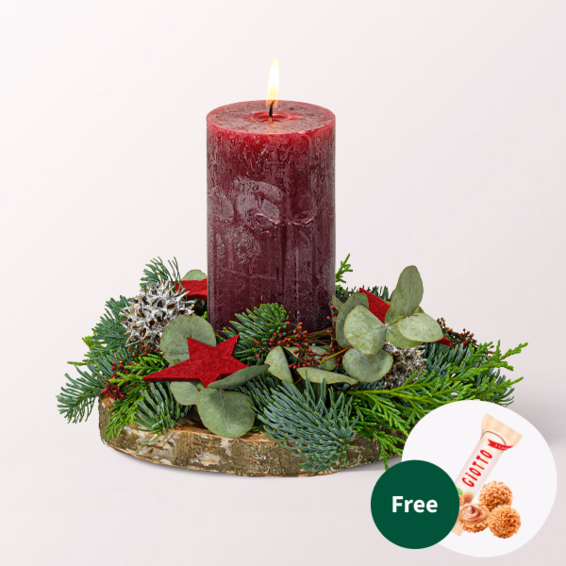 Christmas Arrangement with Bordeaux Coloured Candle with 3 Ferrero Giotto