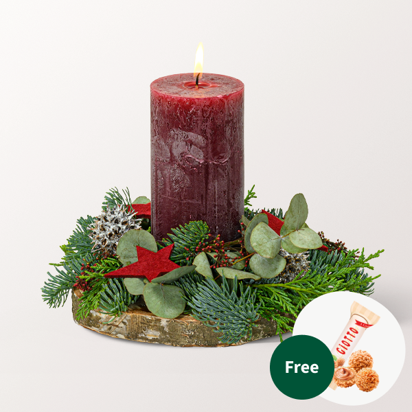 Christmas Arrangement with Bordeaux Coloured Candle with 3 Ferrero Giotto