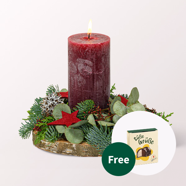 Christmas Arrangement with Bordeaux Coloured Candle with Halloren Balls