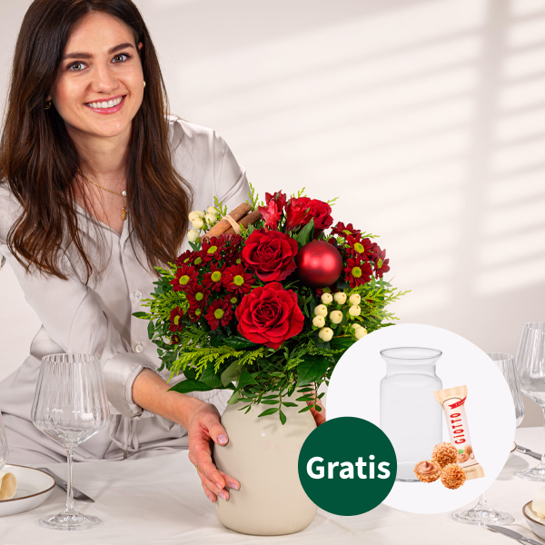 Blumenstrauß Weihnachtsüberraschung mit Vase & Ferrero Giotto 3er